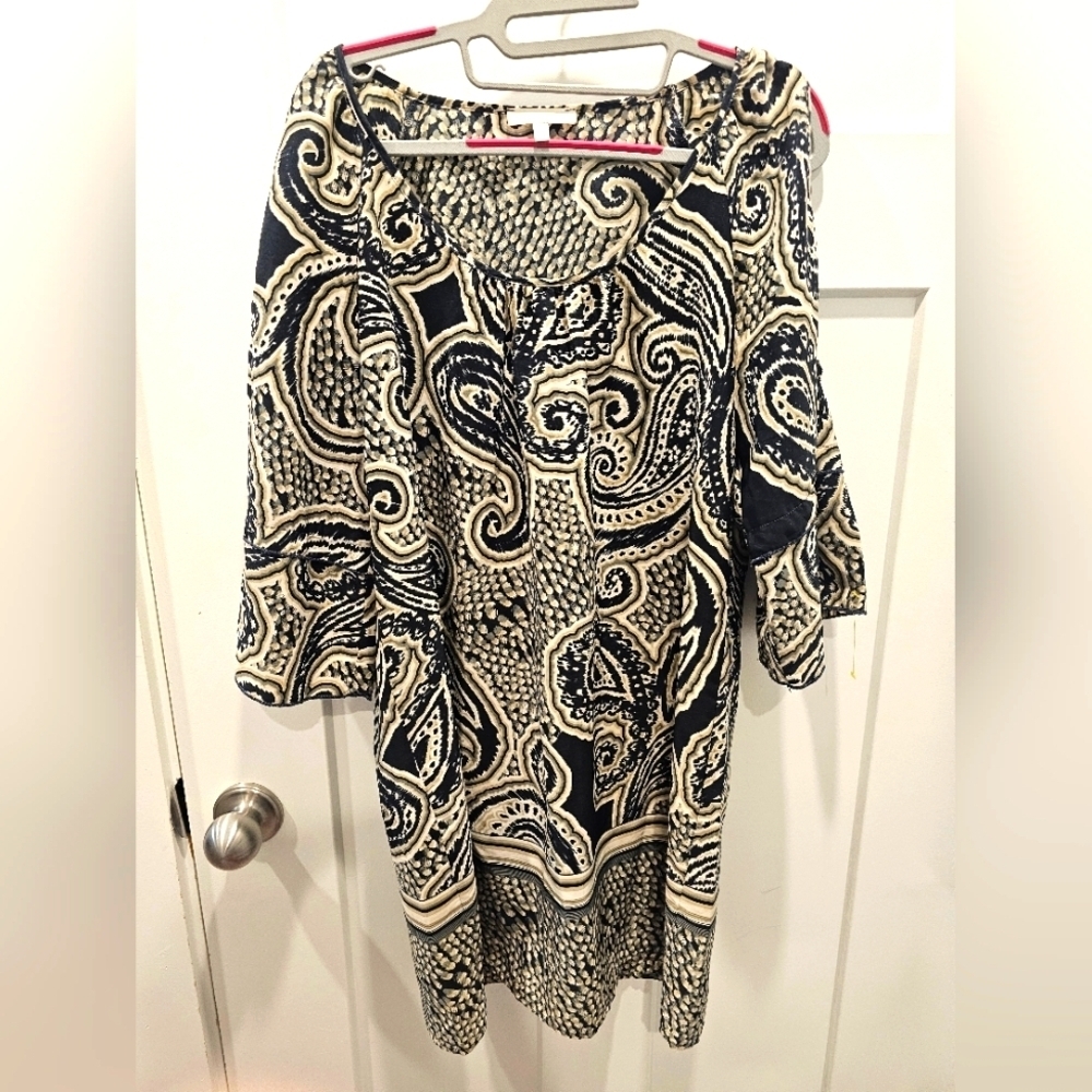 GLAM Tunic Dress M Black Beige Paisley Print Boho Blouse Mini Dress 3/4 Sleeve